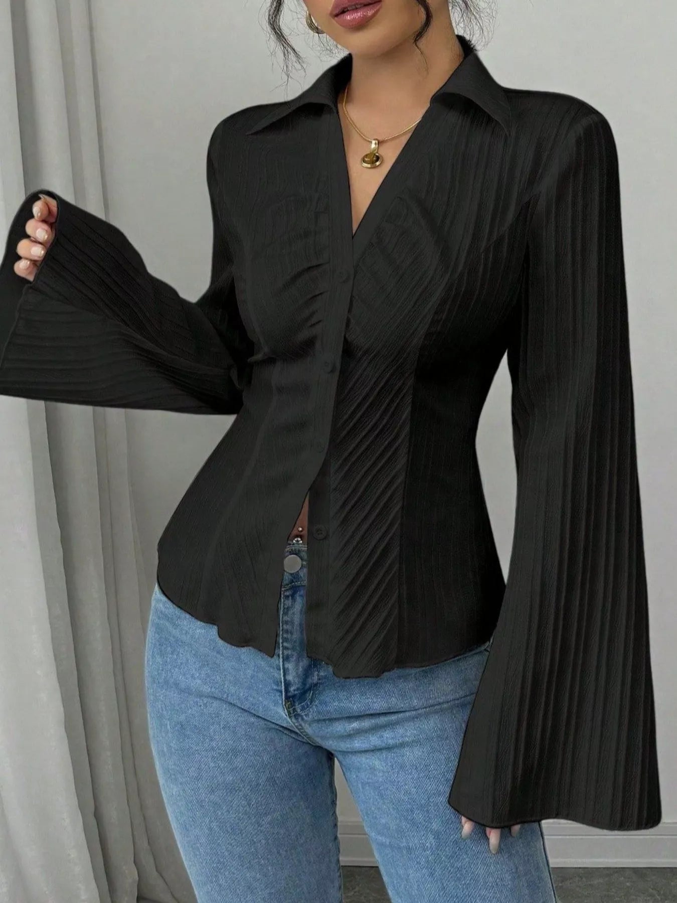 Flare sleeve v-neck button-up top from Vibrant V-Necks