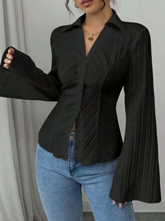 Flare sleeve v-neck button-up top from Vibrant V-Necks
