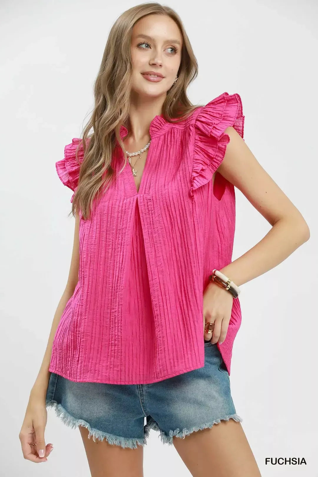 Textured ruffle sleeve split v-neck top from Vibrant V-Necks