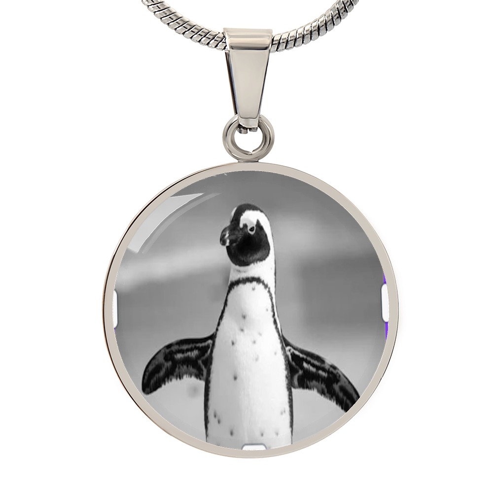 Silver penguin pendant necklace from Vibrant V-Necks on an adjustable chain