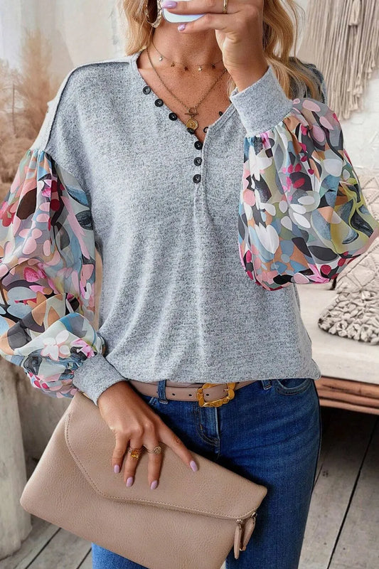 Printed lantern sleeve v-neck top from Vibrant V-Necks