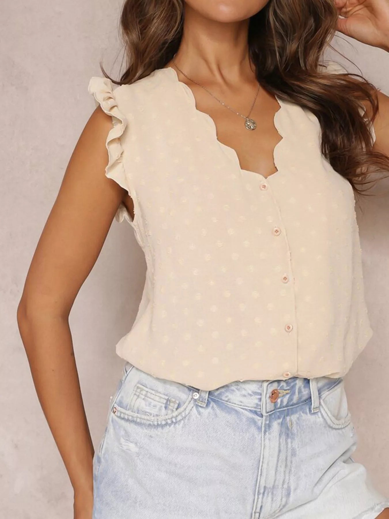 Swiss dot ruffled v-neck button-down shirt from Vibrant V-Necks