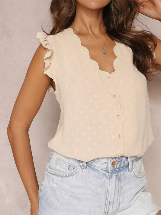 Swiss dot ruffled v-neck button-down shirt from Vibrant V-Necks